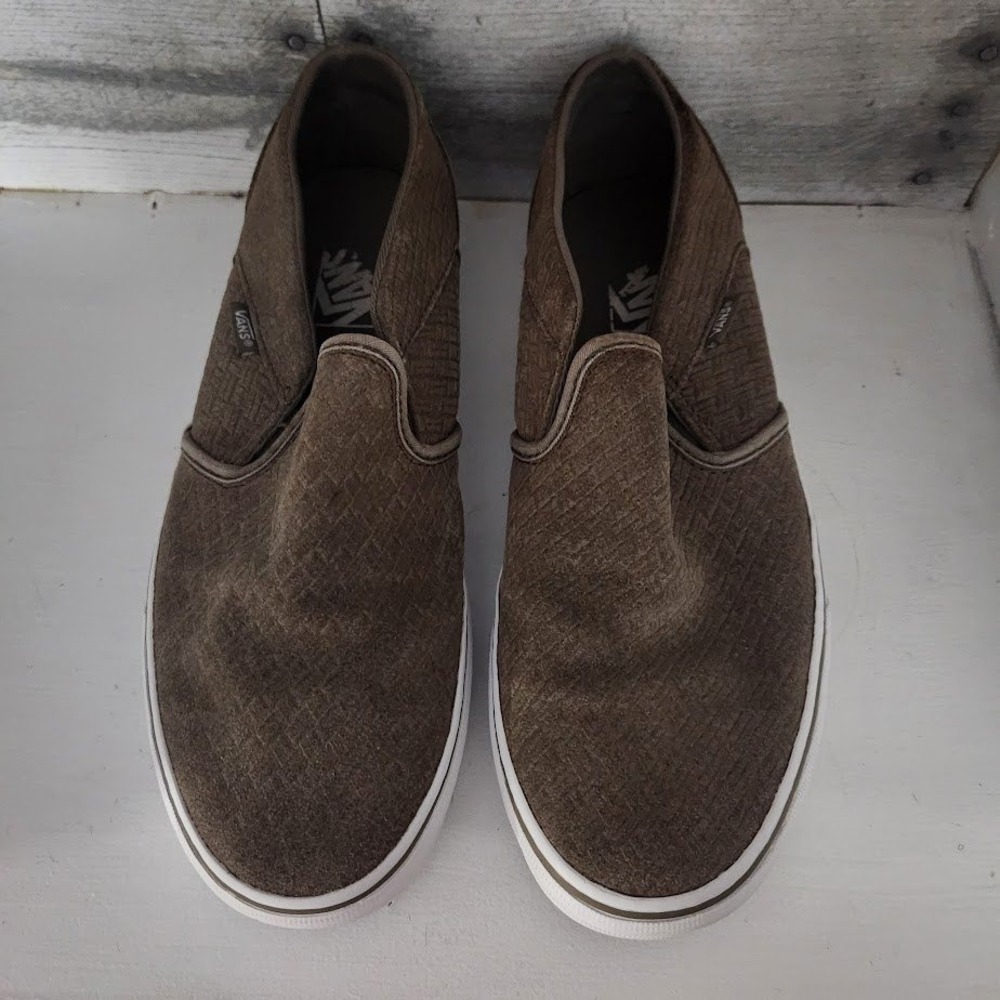 Vans Womens Slip On Sneakers Textured Woven Olive Taupe Shoes Size 10